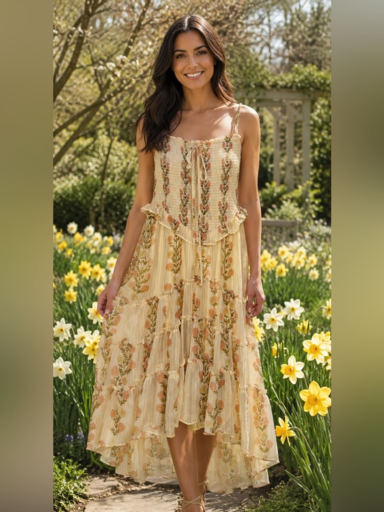 Free People Dresses & Skirts - H077 NWT Free People Yellow XS ptp13-18 Floral High-Low Tiered Dress